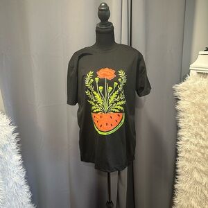 Black T-Shirt with Watermelon and Floral Design